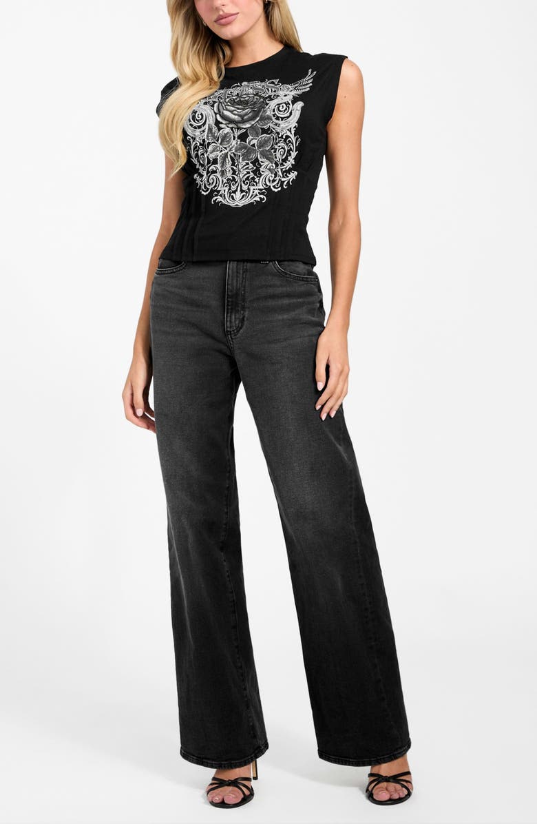 GUESS Ricker Rose Embellished Corset Graphic T-Shirt, Alternate, color, Black-Black