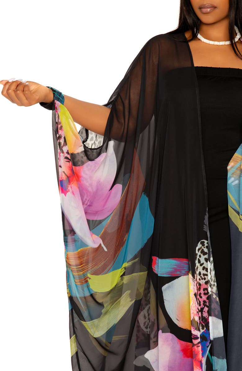 BUXOM COUTURE Floral Robe with Wristband, Alternate, color, Black Multi