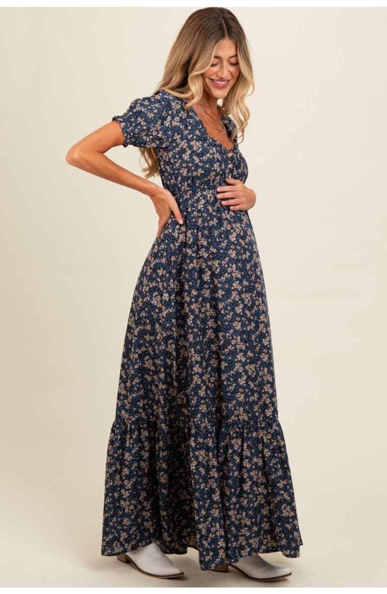 PinkBlush Floral Button Accent Maxi Dress, Alternate, color, Navy Blue