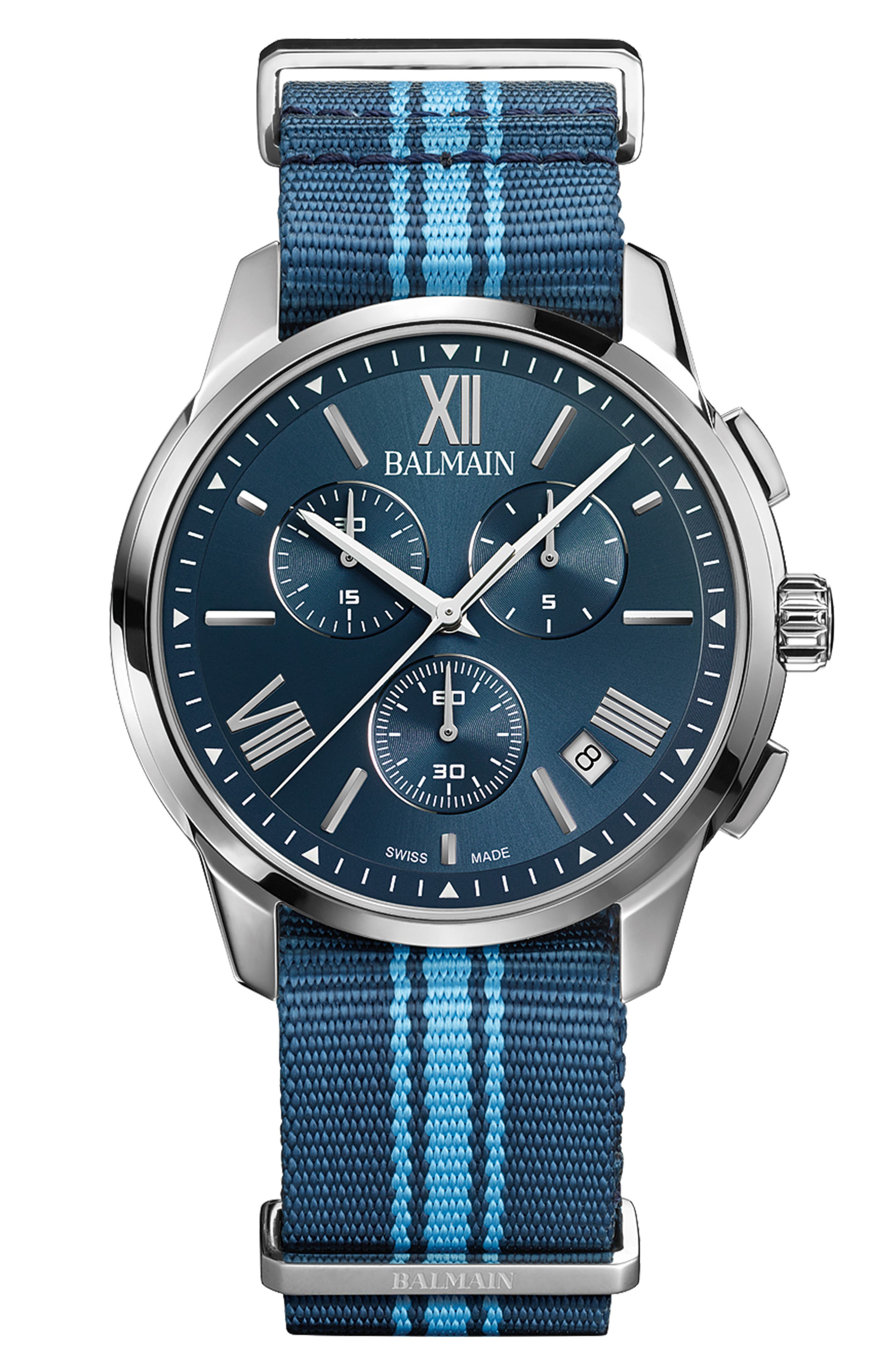 BALMAIN WATCHES Madrigal Chronograph Fabric Strap Watch, 42mm in Blue Nato 