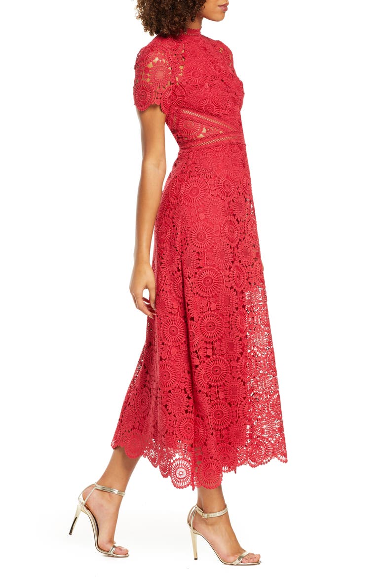 Lace Midi Cocktail Dress, Alternate, color, LIPSTICK
