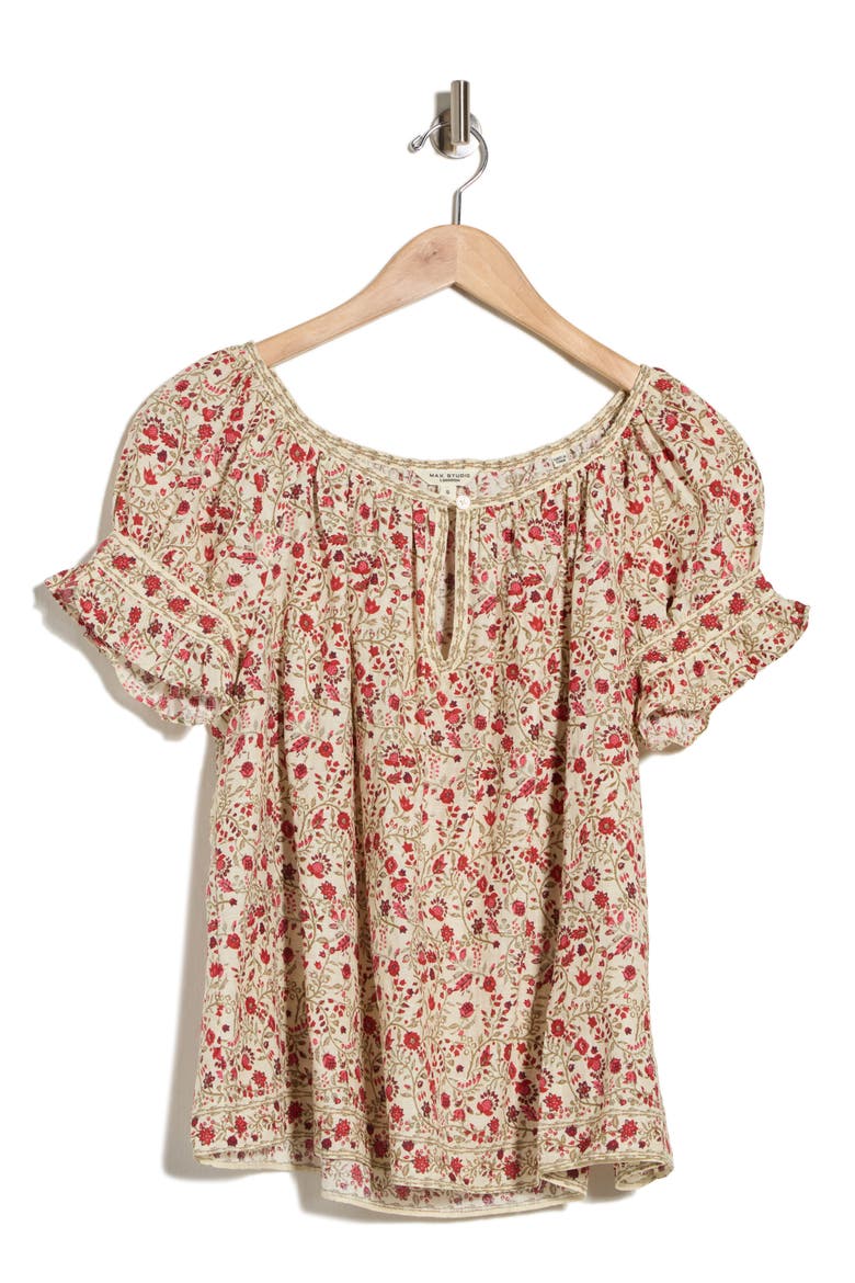 Split Neck Ruffle Sleeve Top, Alternate, color, CREAM/ RED WHIMSICAL PETALS