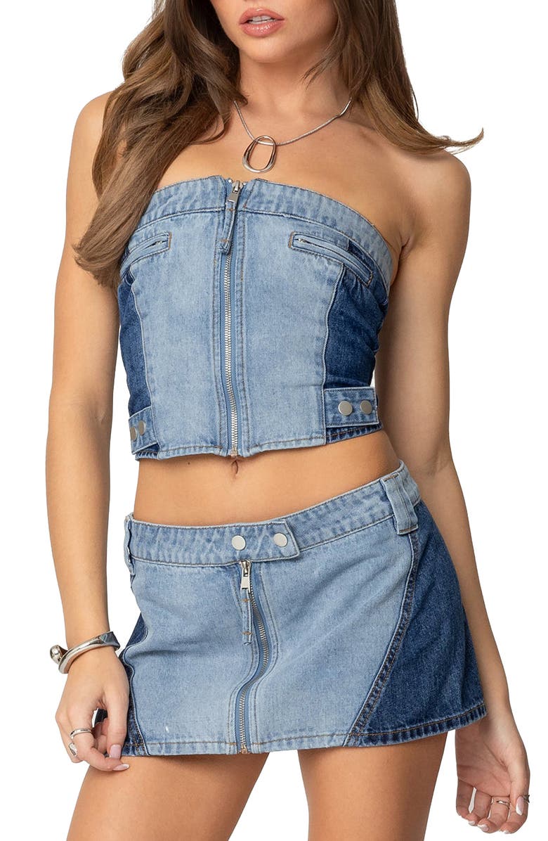 EDIKTED Reni Contrast Denim Strapless Corset Top, Main, color, Blue