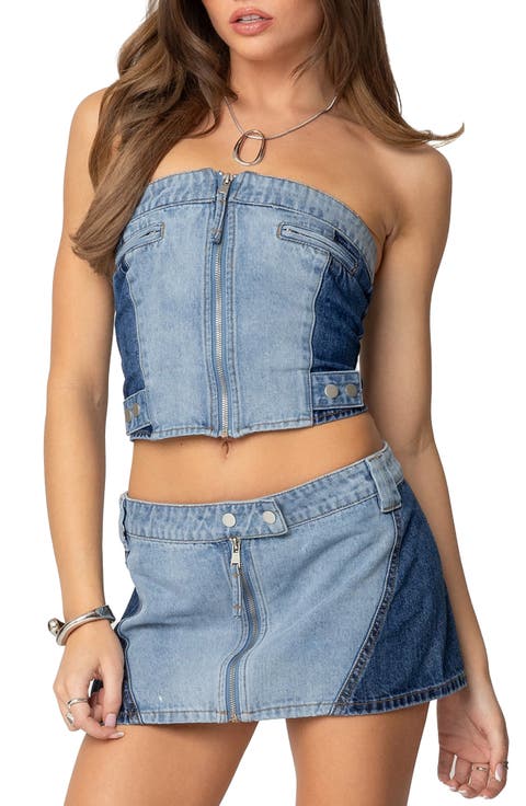 Reni Contrast Denim Strapless Corset Top