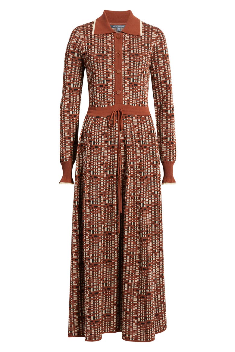 Tipped Long Sleeve Drawstring Waist Sweater Dress, Alternate, color, BROWN MULTI