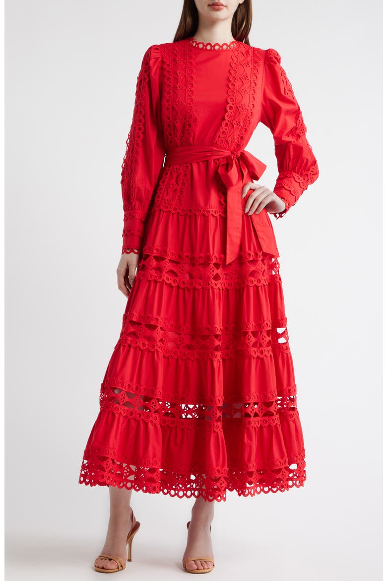 Lace Trim Long Sleeve Cotton Maxi Dress, Main, color, CANDY APPLE