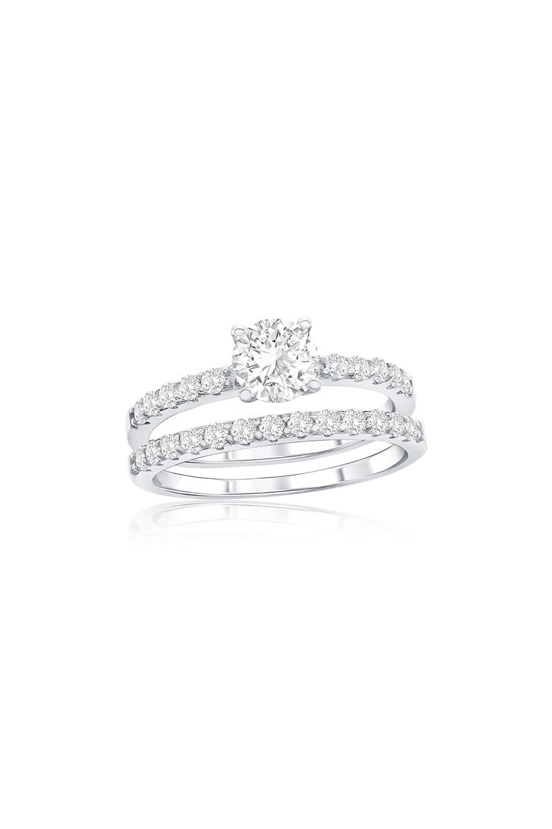 Set of 2 Sterling Silver Cubic Zirconia Solitaire & Band Rings, Main, color, SILVER