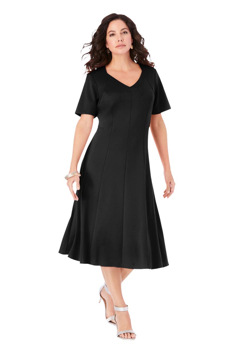 Ponte Flared Dress, Main, color, BLACK