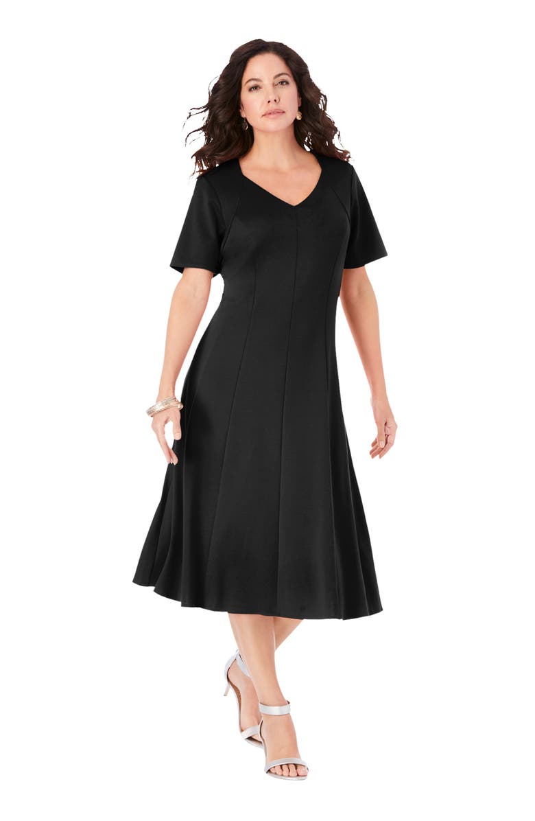 Roaman's Ponte Flared Dress, Main, color, Black