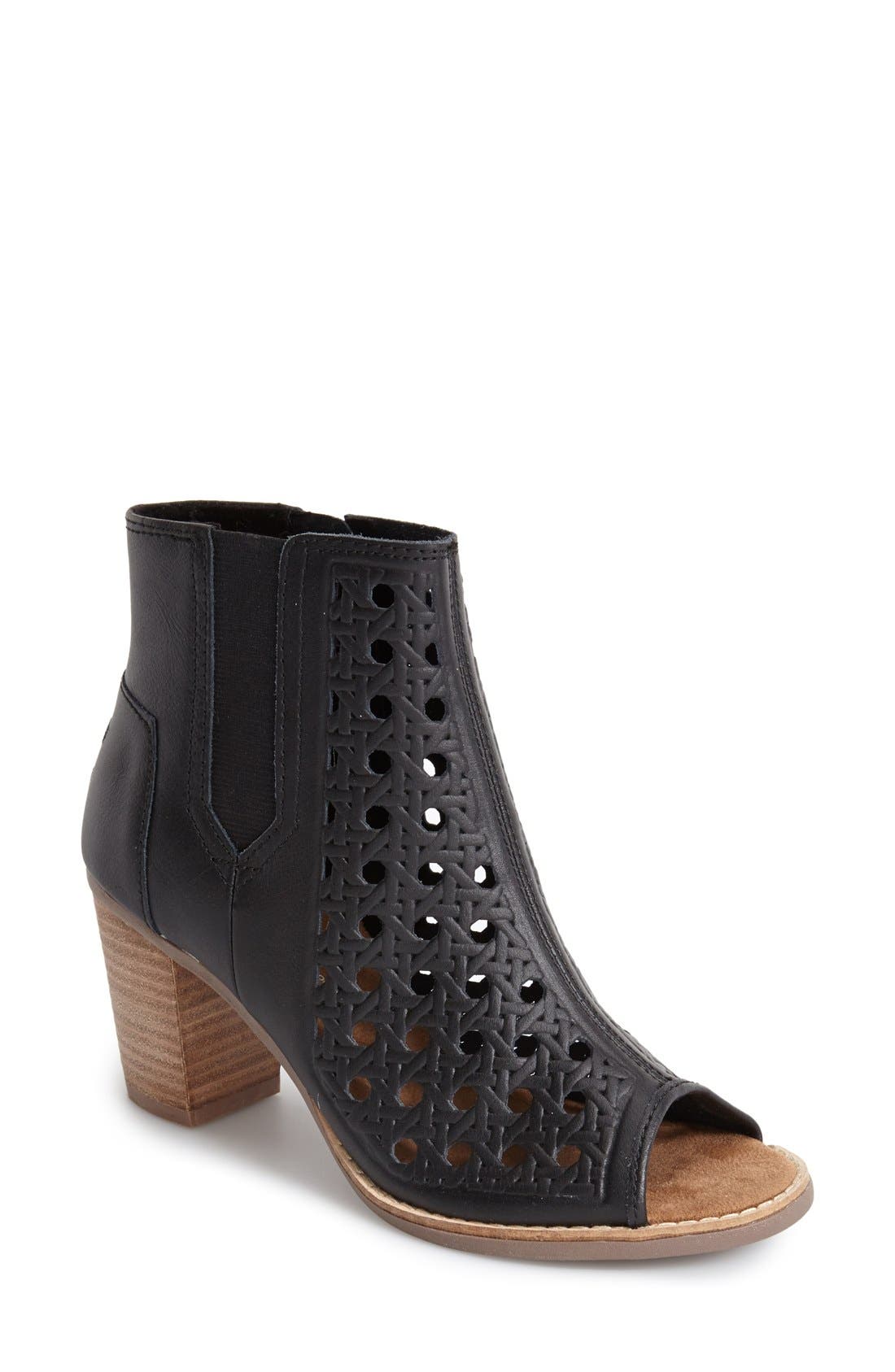 'Majorca' Basket Weave Leather Peep Toe Bootie, Main, color, BLACK