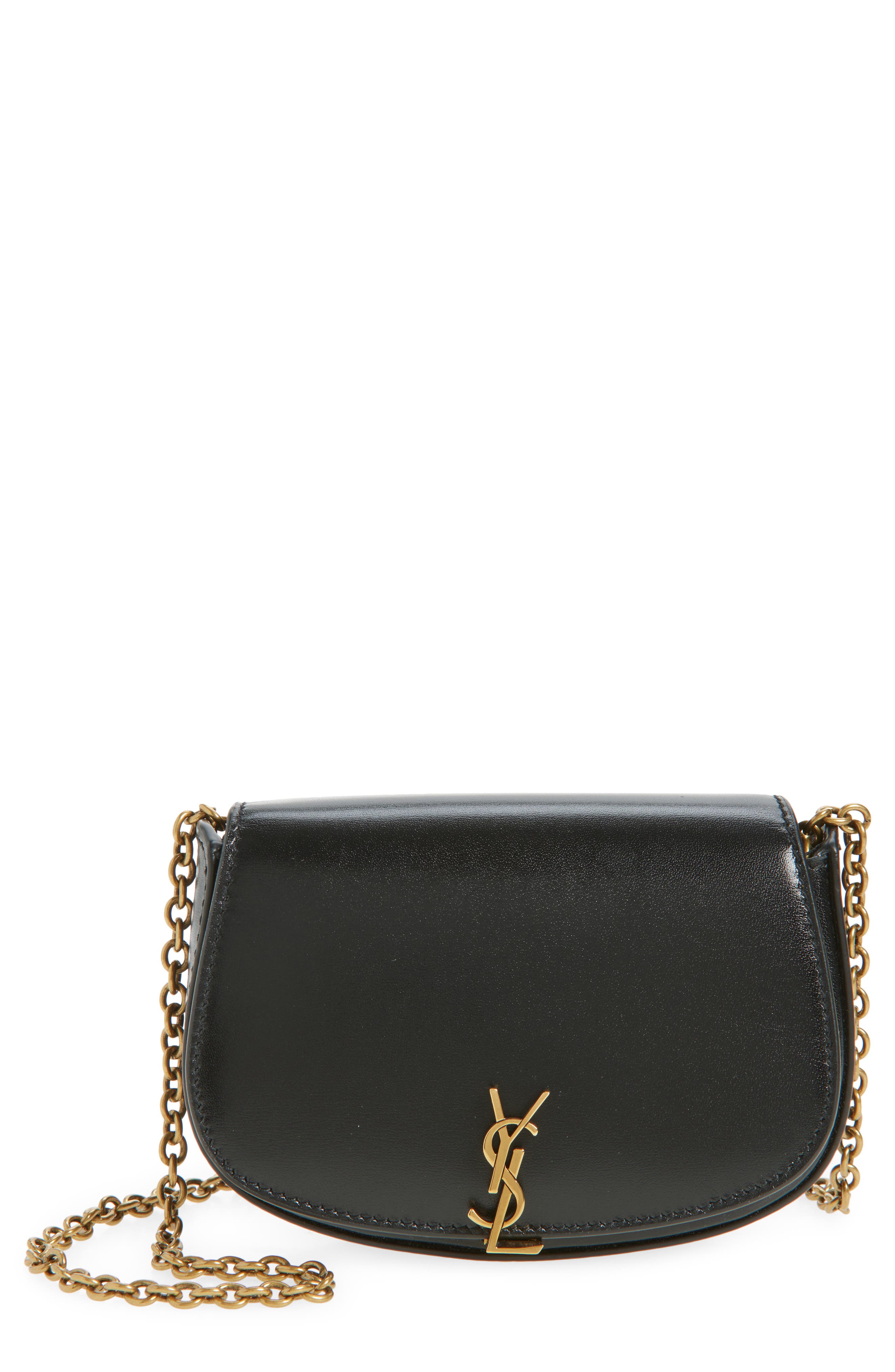 Saint Laurent Mini Cassandre Chain Crossbody Bag, Main, color, Noir