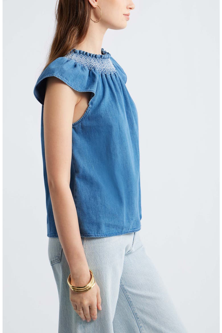 Smocked Neck Chambray Top, Alternate, color, LIGHT BLUE WASH