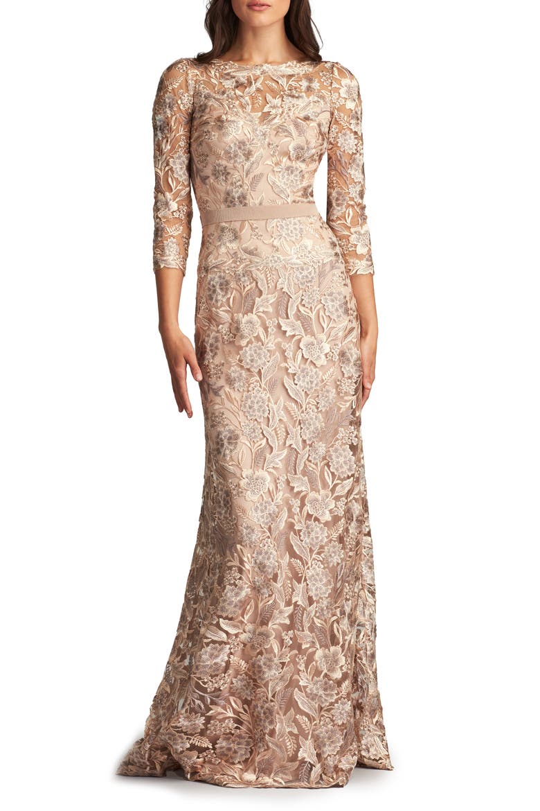 Floral Embroidered Bateau Neck Gown, Main, color, PEBBLE