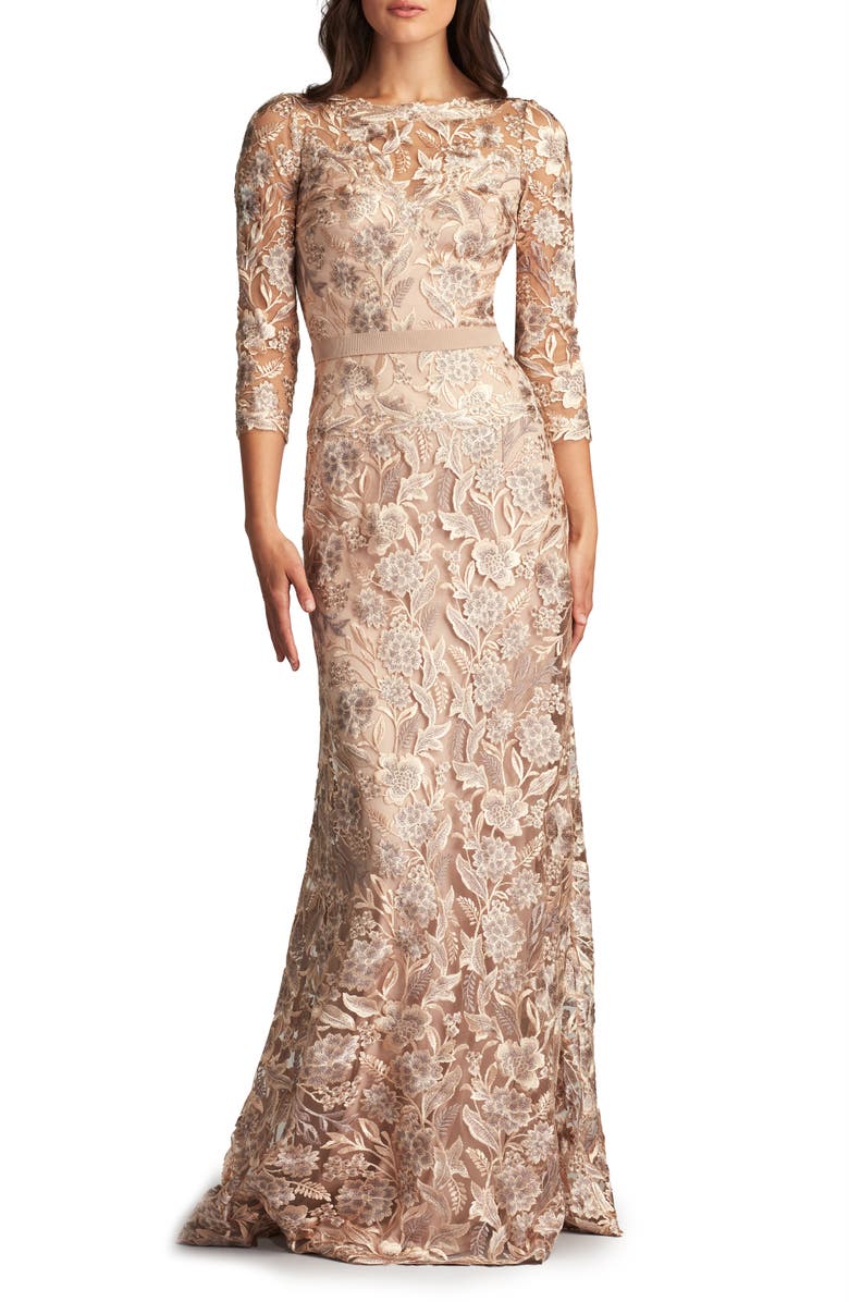 Tadashi Shoji Floral Embroidered Bateau Neck Gown, Main, color, 