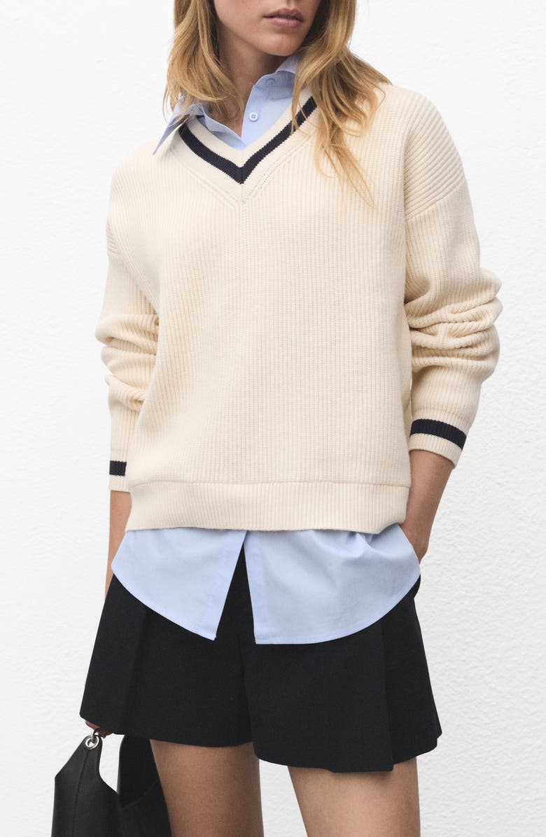 MANGO Mixed Media Layered Look V-Neck Sweater, Main, color,