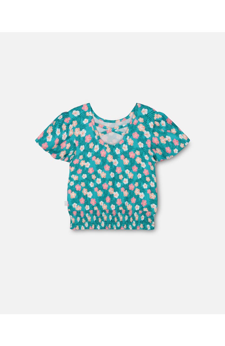 Deux par Deux Girl's Smocked Waist Viscose Blouse Turquoise, Alternate, color, 
