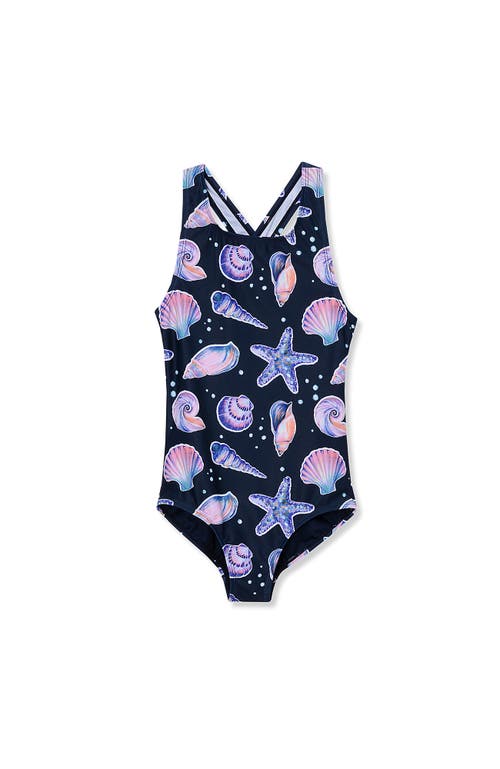 Lands' End Girls One Piece Swimsuit In Navy Galaxy Shellfish