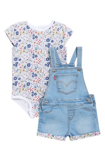 Levi's Babies'  Print Bodysuit & Rolled Cuff Overalls Set In Blue