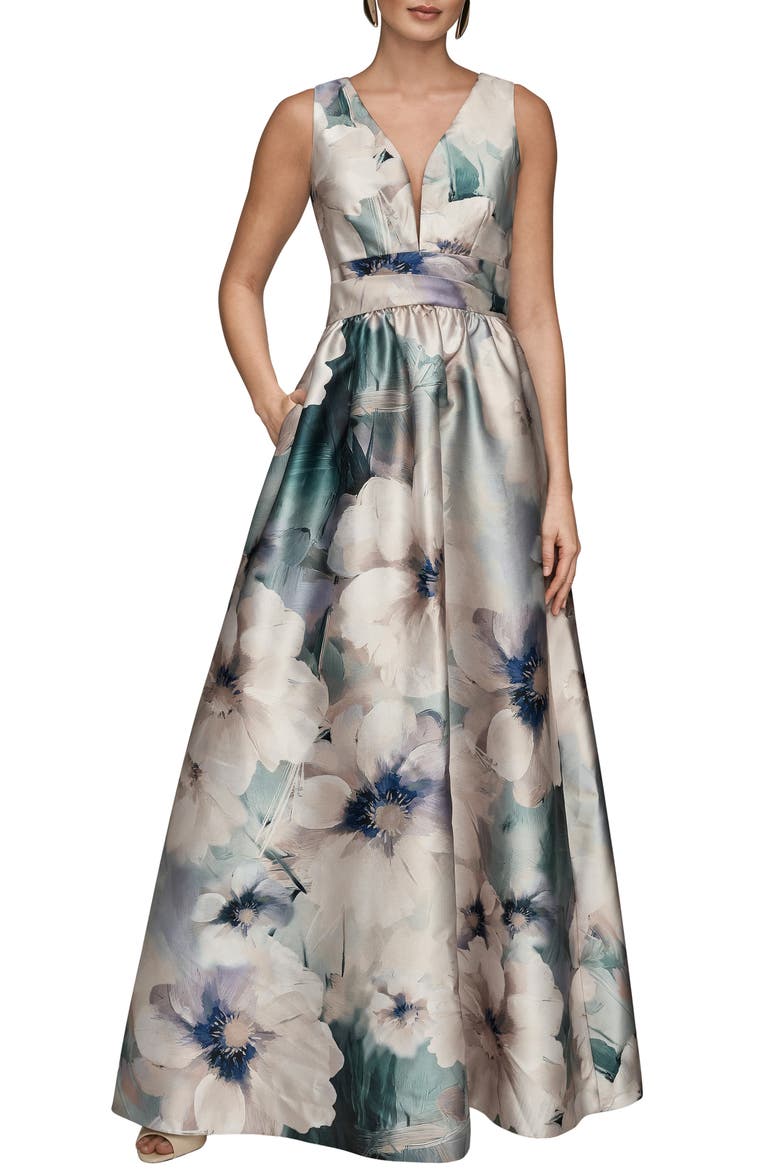 Floral Plunge Neck Ball Gown, Main, color, LAUREL MULTI