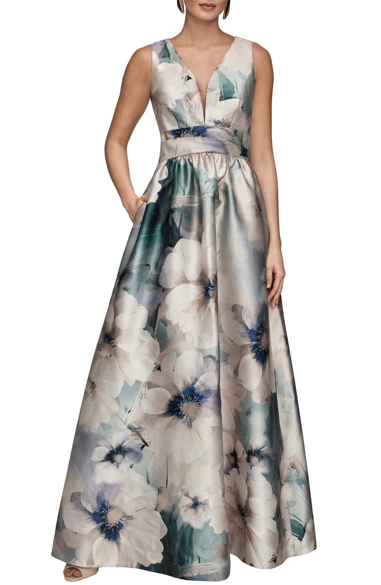 Donna Karan New York Floral Plunge Neck Ball Gown, Main, color, Laurel Multi