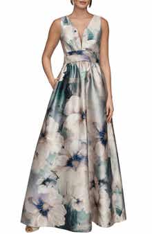 Floral Plunge Neck Ball Gown