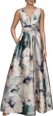 Donna Karan New York Floral Plunge Neck Ball Gown