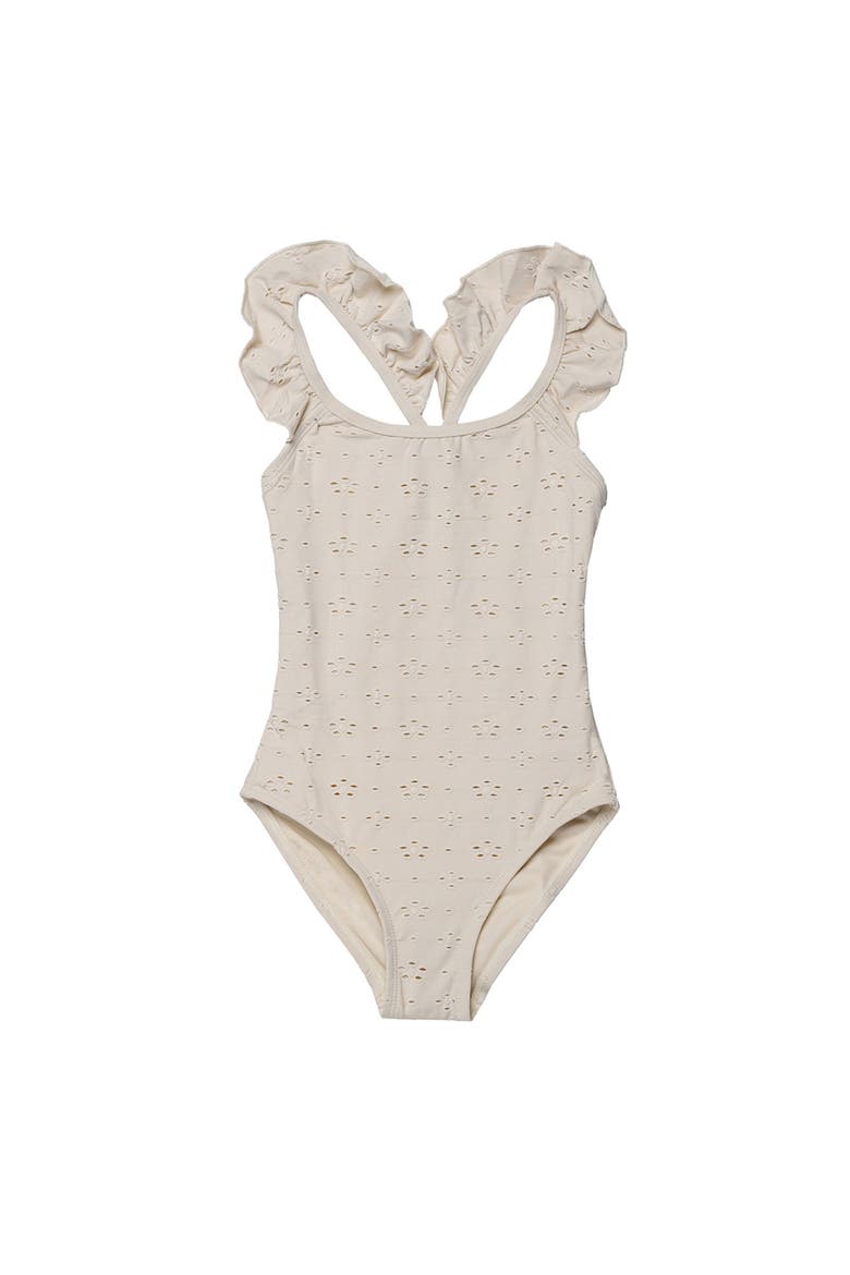 Little Lace Ruffle Criss Cross Back One Piece, Main, color, Ivory