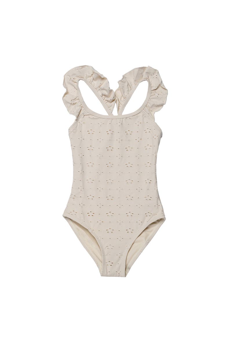Gottex Kids Little Lace Ruffle Criss Cross Back One Piece, Main, color, Ivory
