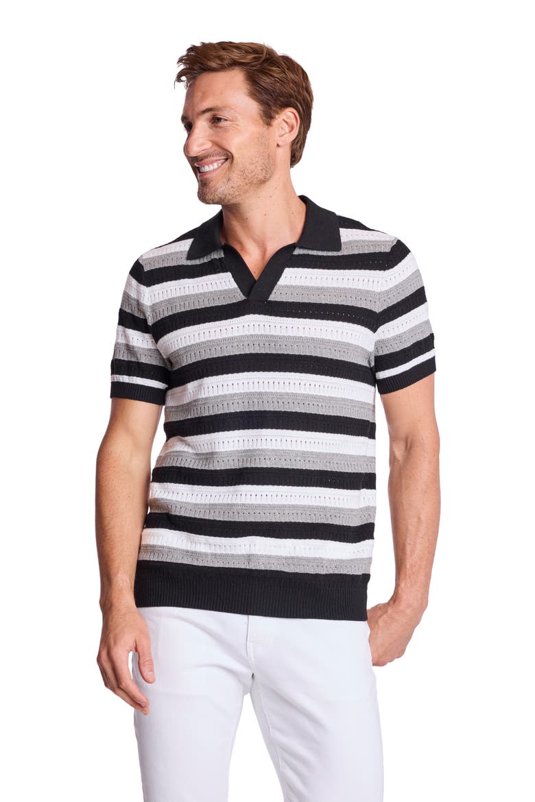 Trim Fit Johnny Collar Stripe Knit Polo, Alternate, color, BLACK SOY MIST