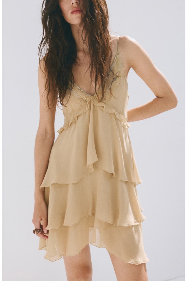 Bead Detail Ruffle Sleeveless Dress, Main, color, BEIGE