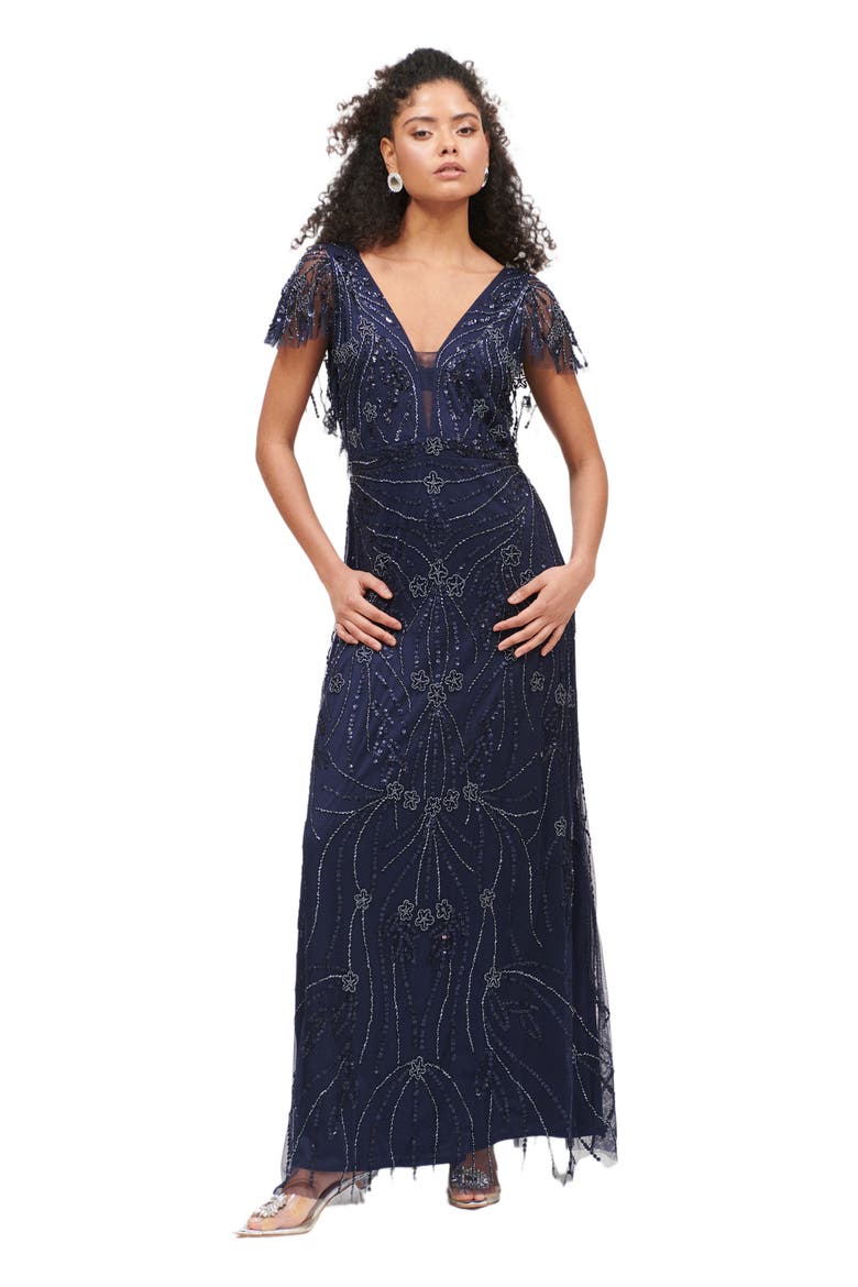 Occasion Embellished Sequin Beaded Deep V Neck Evening Maxi Dress, Main, color, MID NIGHT BLUE