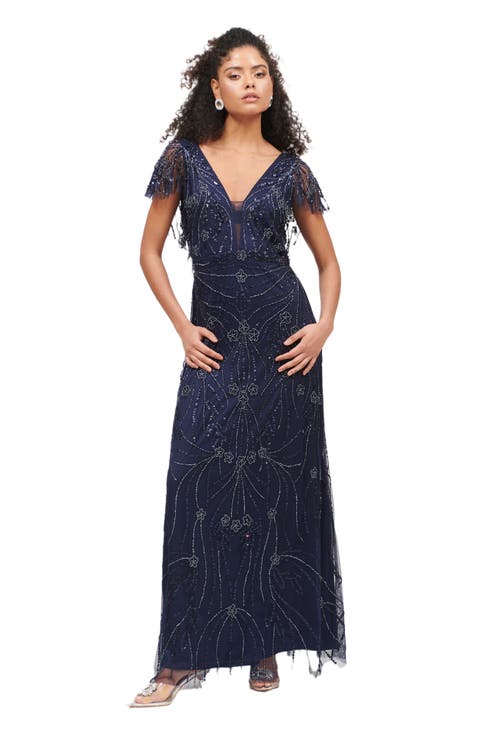 Occasion Embellished Sequin Beaded Deep V Neck Evening Maxi Dress