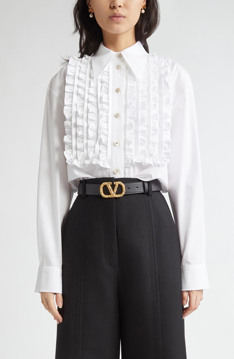 Valentino Garavani Ruffle Bib Cotton Poplin Button-Up Shirt, Main, color, 
