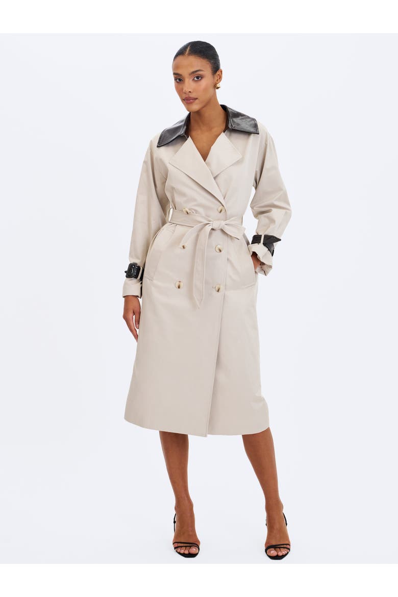 Umber Double-Breasted Faux Leather Lapel Trench Coat, Alternate, color, Beige