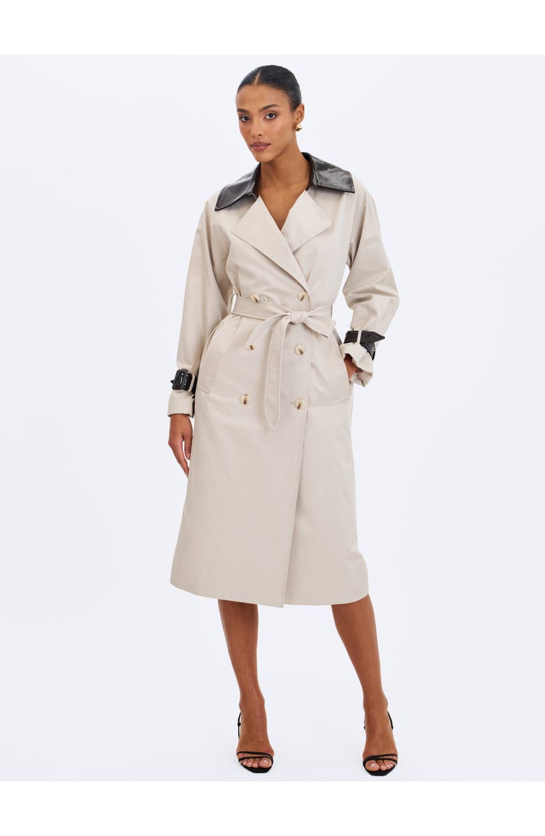 Miss Circle Umber Double-Breasted Faux Leather Lapel Trench Coat, Alternate, color, Beige