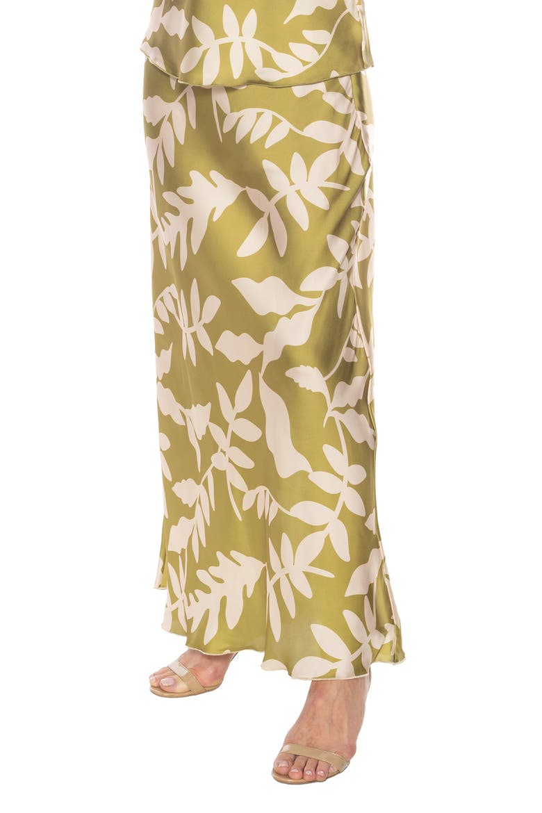 Frond Print Satin Maxi Skirt, Alternate, color, OLIVE/ CREAM