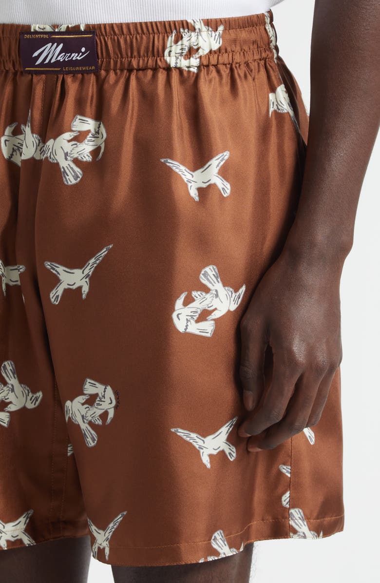 Marni Raven Print Silk Boxer Shorts, Alternate, color, Ram29 Maroon