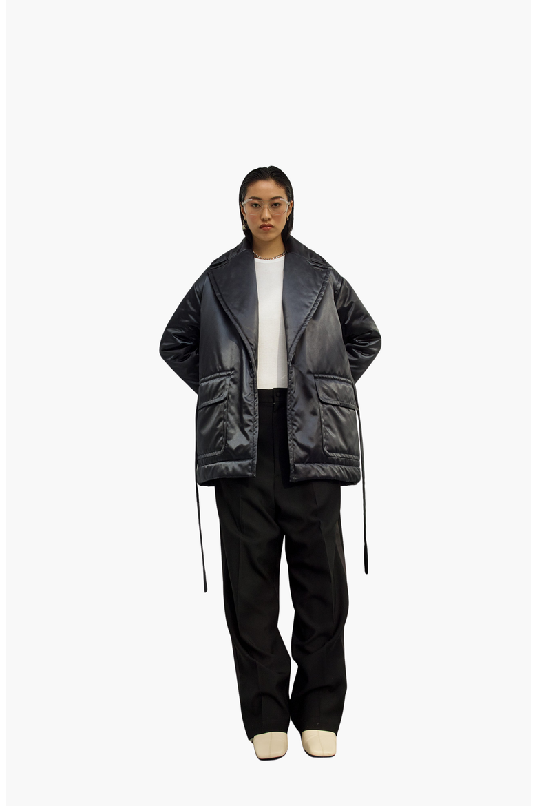 Satin Down Coat, Alternate, color, Black