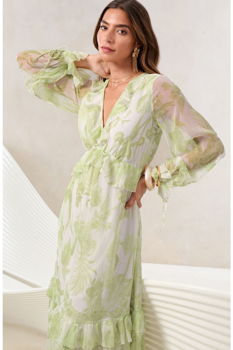 Long Sleeve Floral Print Chiffon Dress, Alternate, color, GREEN