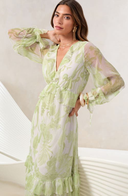 Lipsy Long Sleeve Floral Print Chiffon Dress In Green