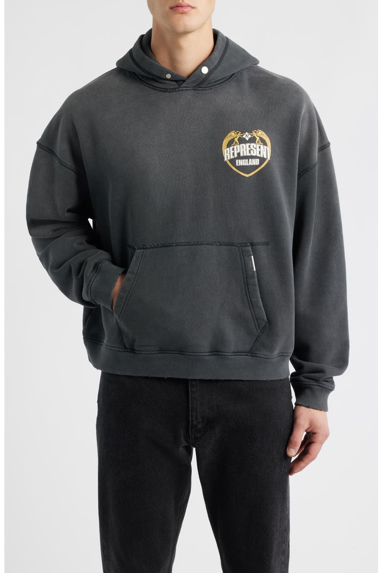 Oversize Distressed Angel Border Graphic Hoodie, Main, color, STAINED BLACK