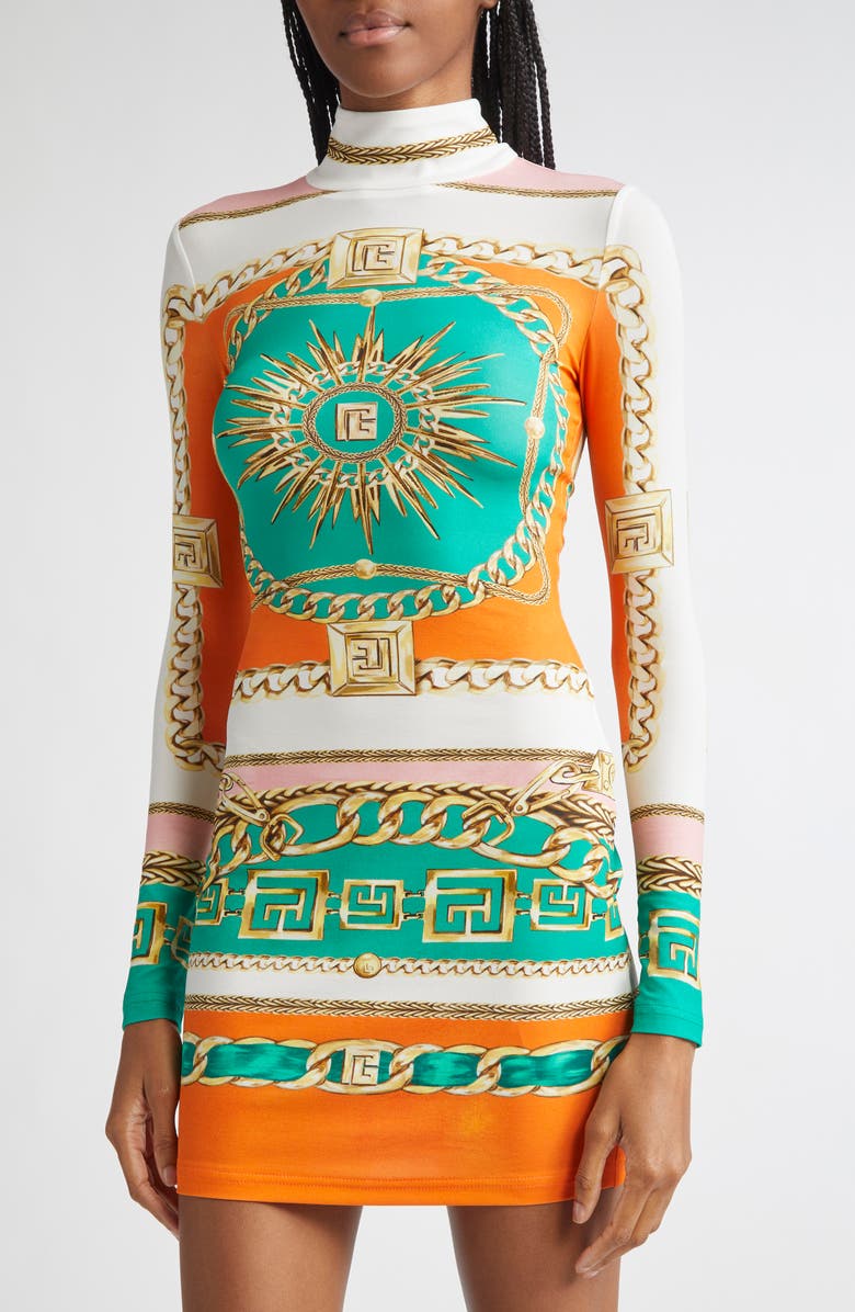 Balmain Foulard Print Long Sleeve Body-Con Minidress, Alternate, color, Aaa Multi