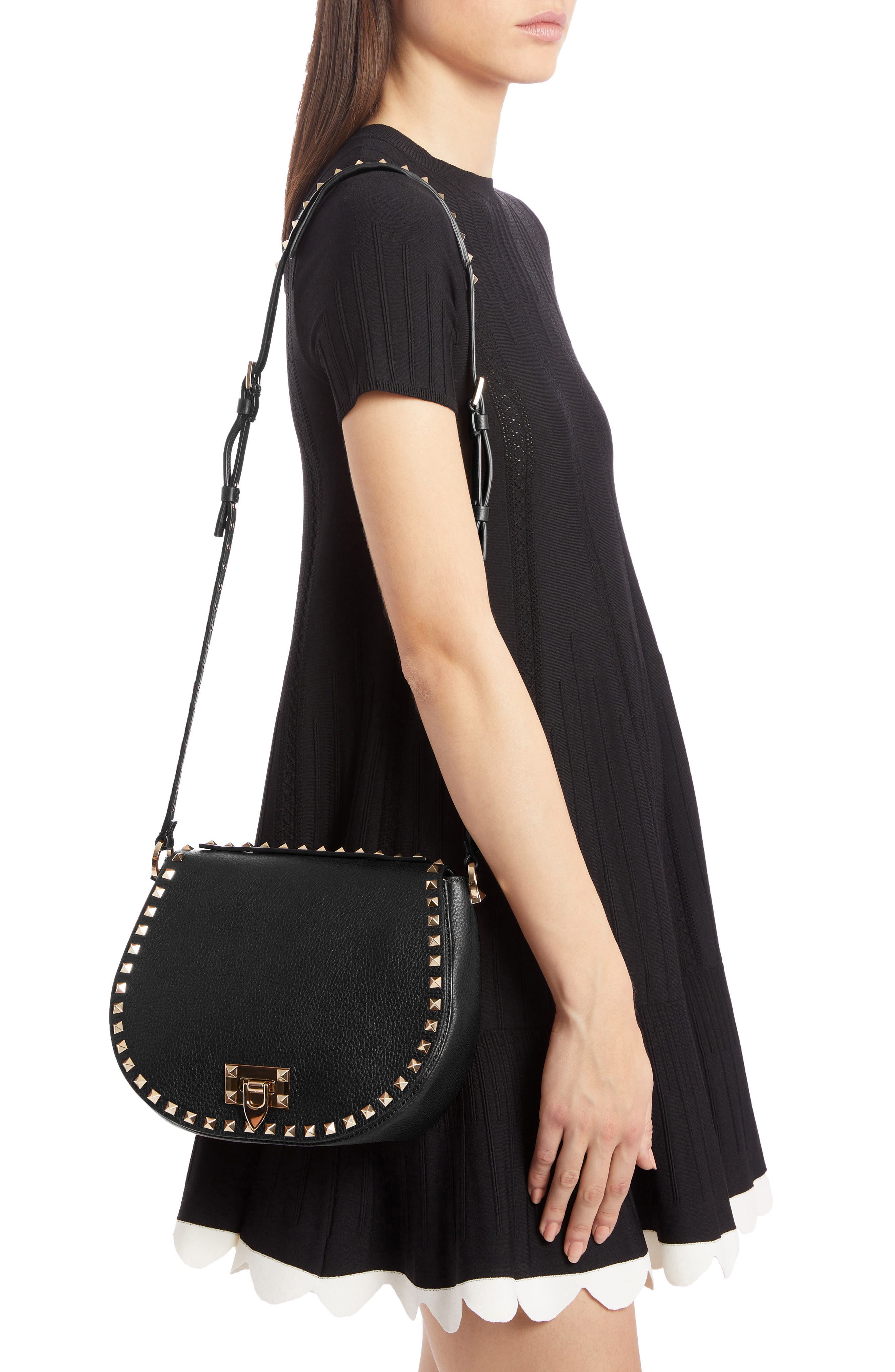 Valentino Garavani Small Rockstud Leather Saddle Bag, Alternate, color, 