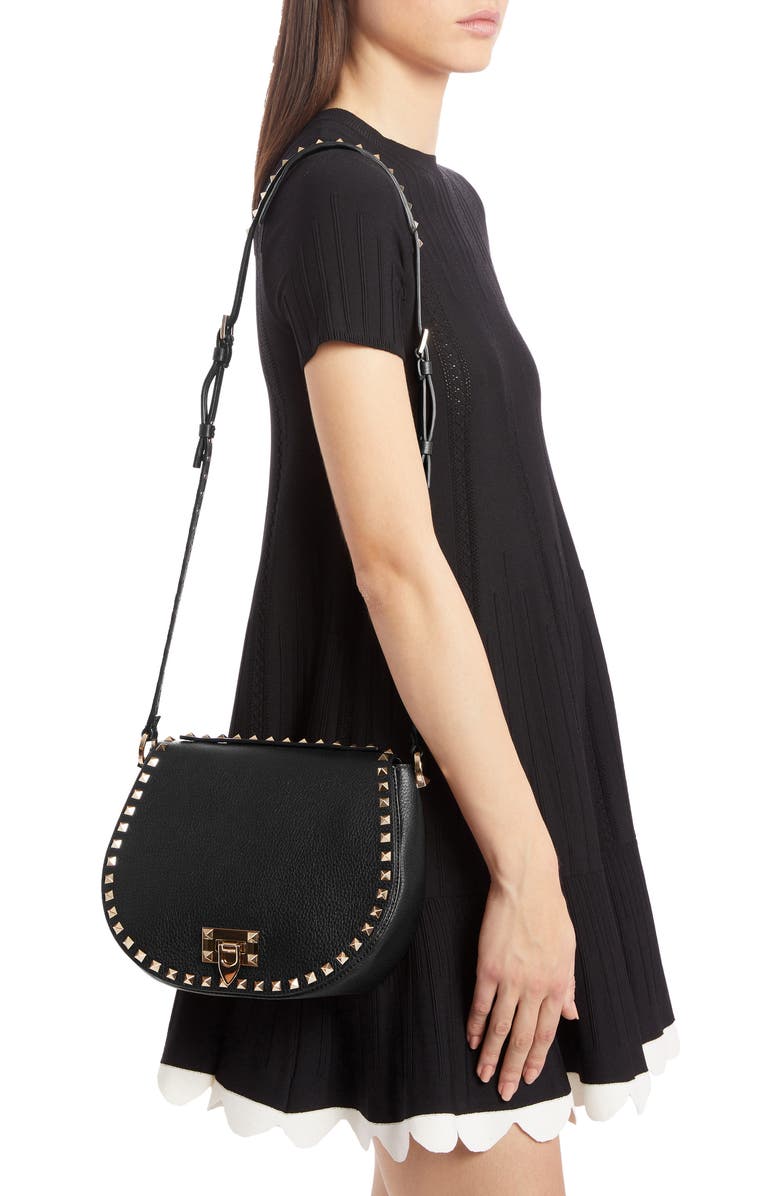Valentino Garavani Small Rockstud Leather Saddle Bag, Alternate, color,