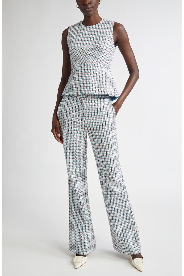 Houndstooth Stretch Cotton Flare Leg Pants, Alternate, color, TROPICAL BLUE/ IVORY MULTI