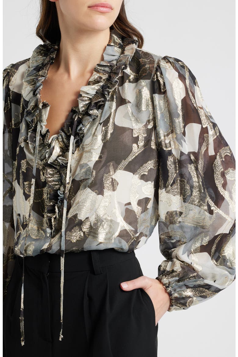 Boden Metallic Floral Tie Neck Silk Blend Top, Alternate, color, GRAPHITE M