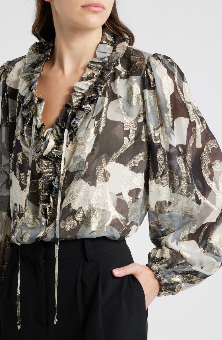 KOBI HALPERIN Boden Metallic Floral Tie Neck Silk Blend Top, Alternate, color, Graphite M