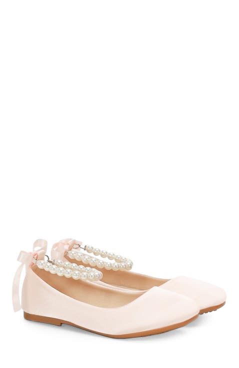 Harper Satin Girl Flats with All Pearls Strap (Toddler, Little Kid & Big Kid)