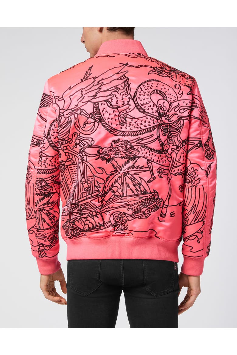 Satin Bomber Skeleton Tattoo Men, Alternate, color, Fuxia