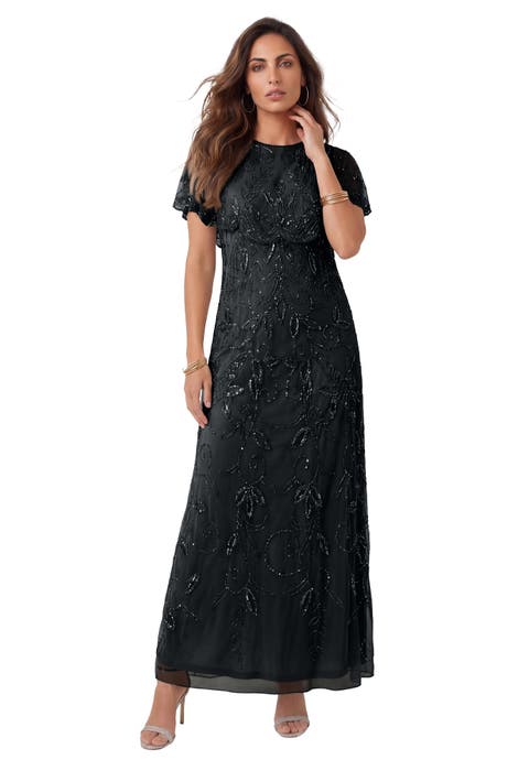 Plus Size Beaded Capelet Maxi Gown Glam Evening Dress (plus)